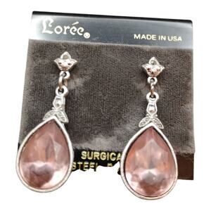 Loree Earrings Womens Pierced Pink Glass Teardrop Dangle New On Card USA Made